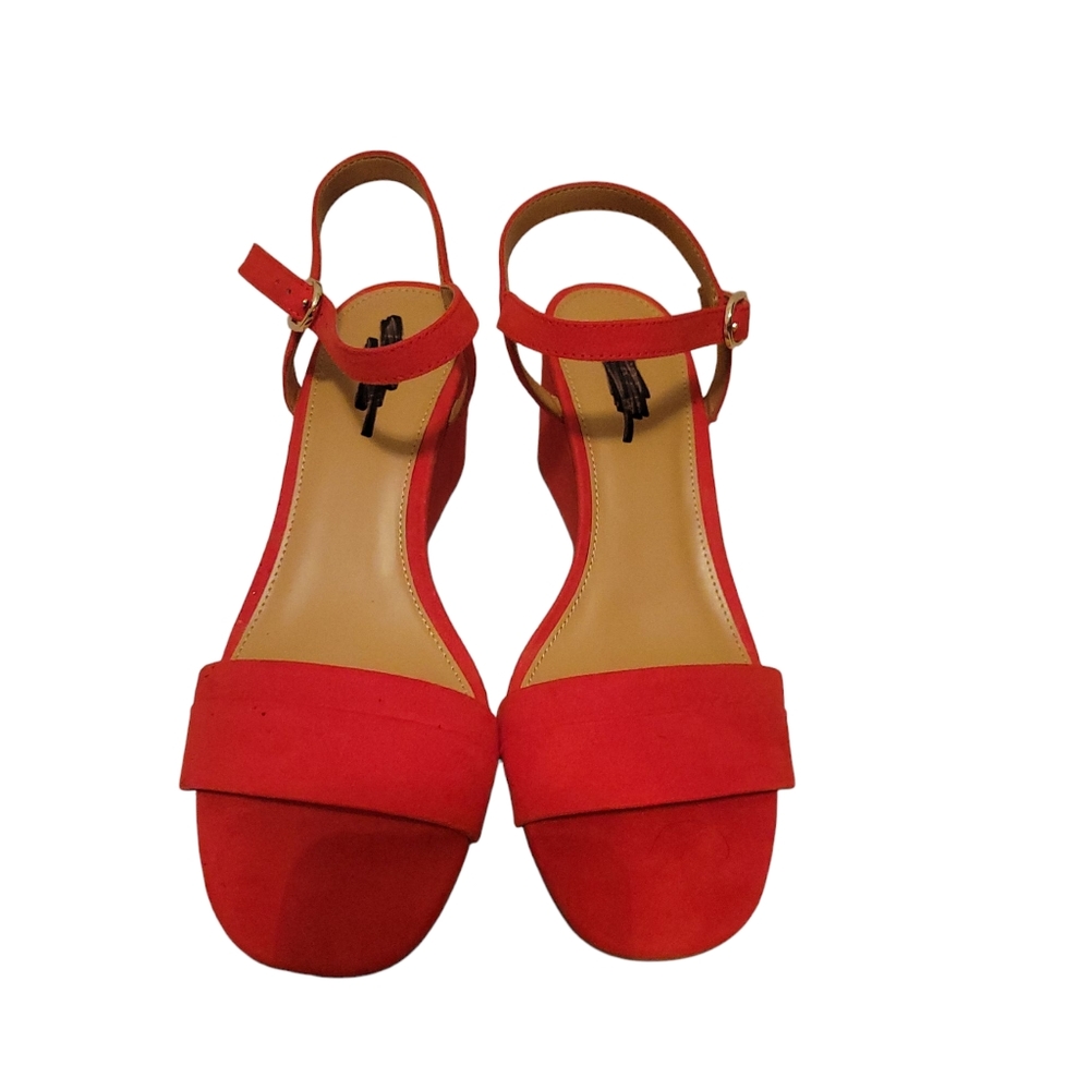 J Crew Factory Red Suede Wedge Sandals 9.5 Ankle Strap Classic Summer Heels - Picture 5 of 9